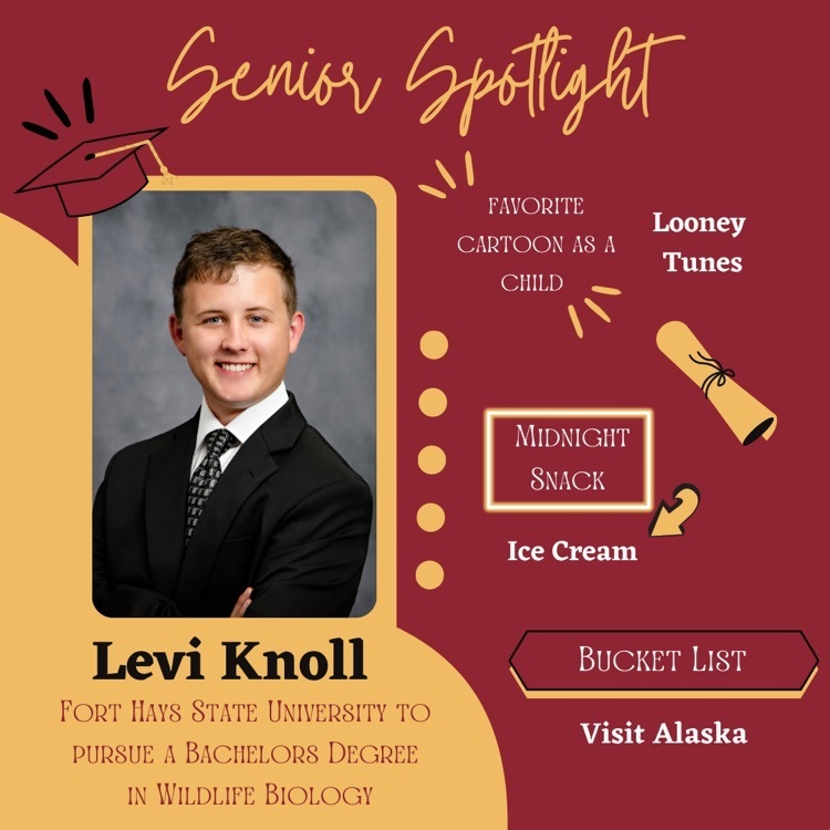 Today's senior spotlight is for Levi Knoll! See more of our senior spotlights at https://www.usd392.com/live-feed?filter_id=183265